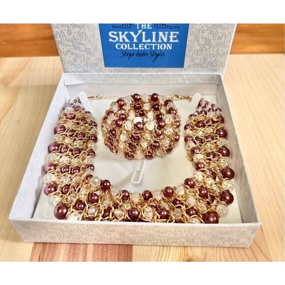 Vintage Skyline Collection Plum & Pearl choker collar statement set. - Picture 10 of 11
